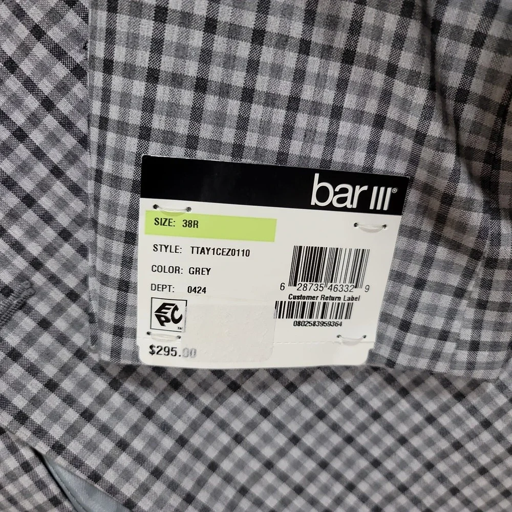 Bar III Slim Fit Suit Mens 38R 38 2 Piece Pants 28x30 Grey Check $395‎ NEW